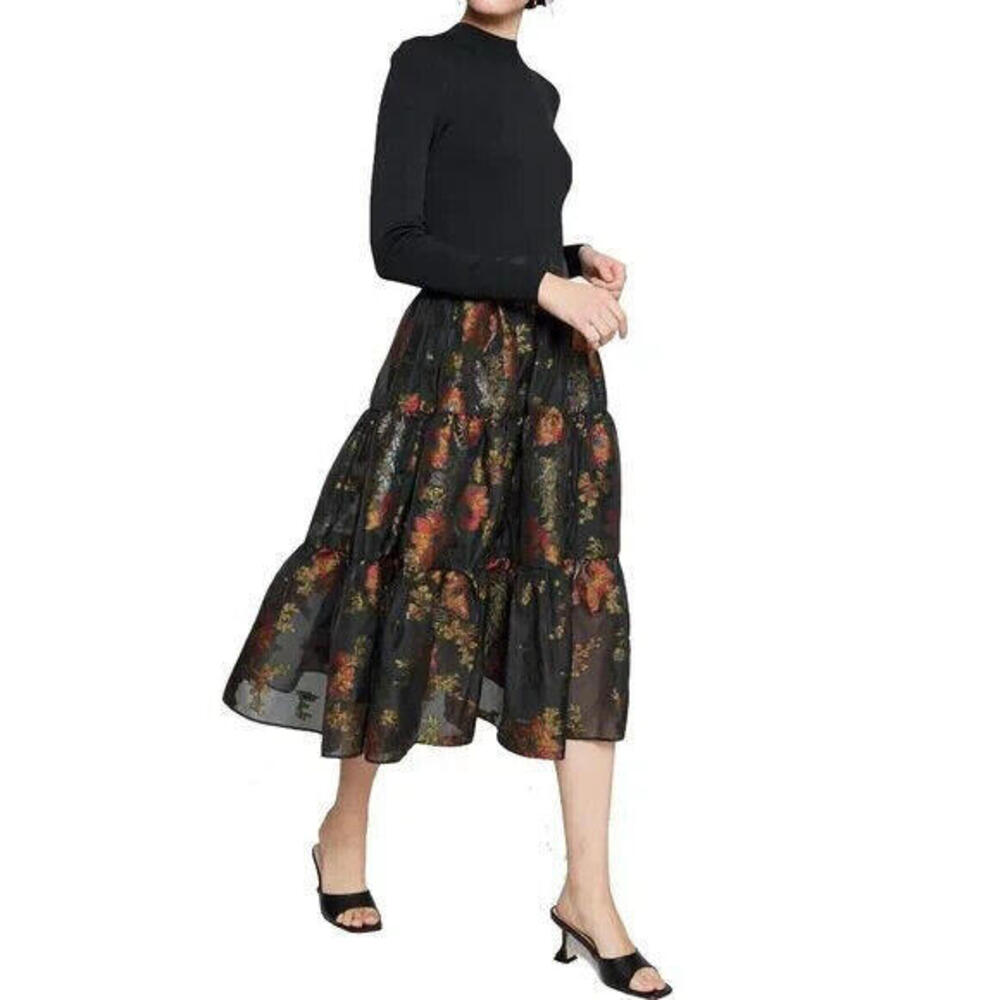 Ted Baker Black Tiered Floral Midi Skirt with Rust & Olive Blooms